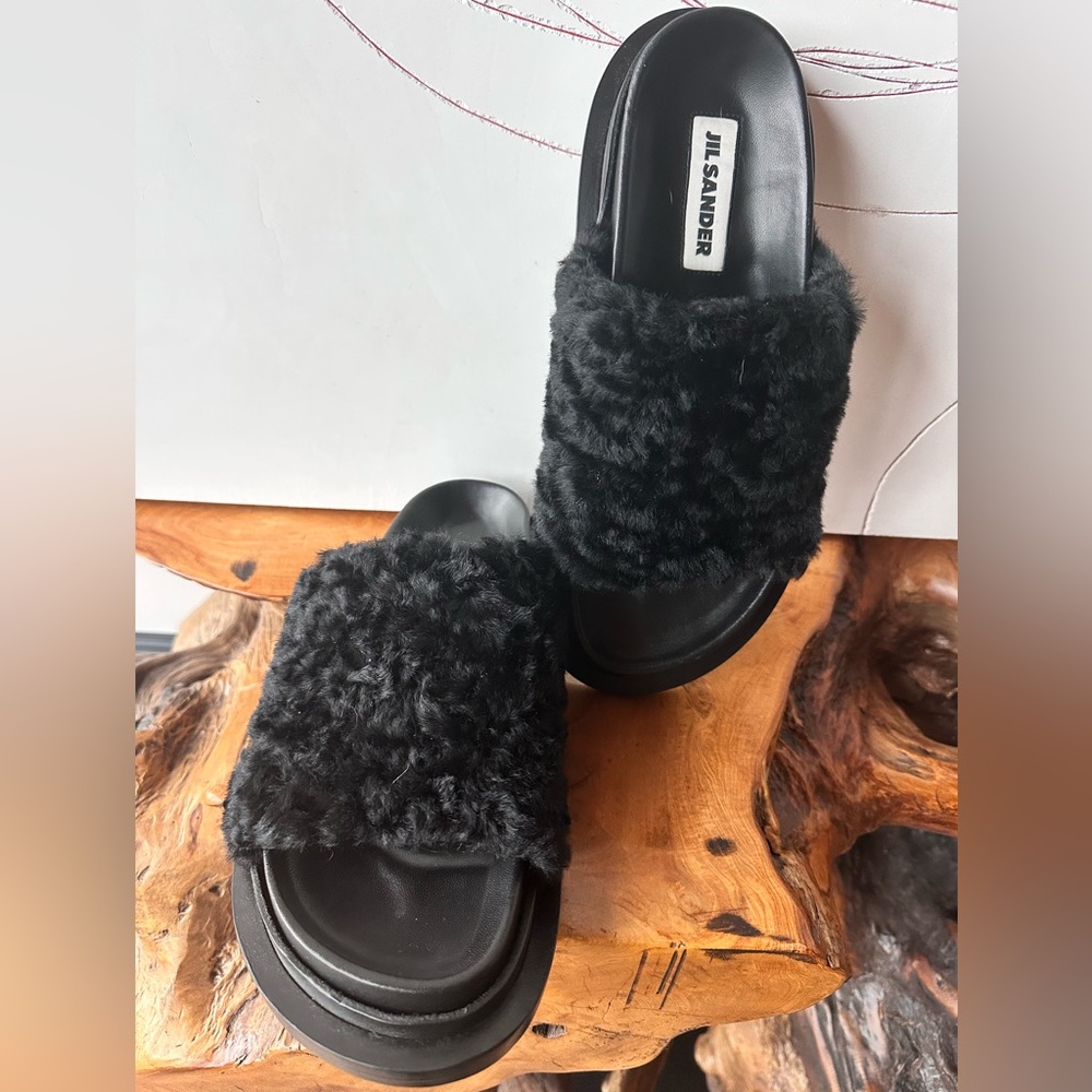 Jil Sander Black Plush Slippers